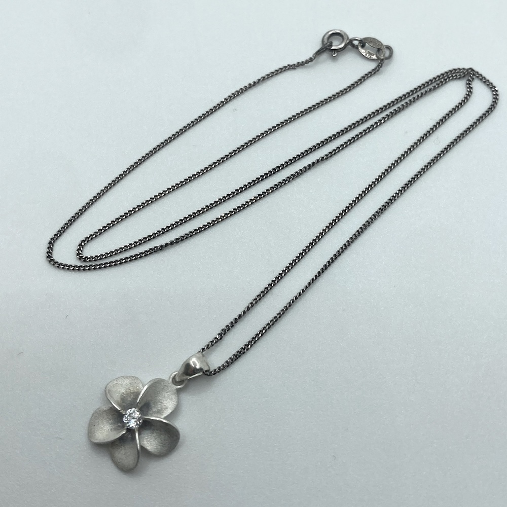 Vtg Sterling & Cz Plumeria Flower Floral Pendant w 925 Italy chain 18” + .8”